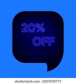 20 percent discount. Discount label of up to 20% off. neon style. blue discount balloon..