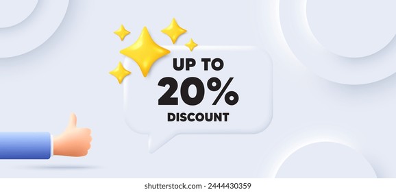 Up to 20 percent discount. Neumorphic background with chat speech bubble. Sale offer price sign. Special offer symbol. Save 20 percentages. Discount tag speech message. Banner with like hand. Vector