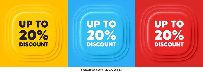 Up to 20 percent discount. Neumorphic offer banners. Sale offer price sign. Special offer symbol. Save 20 percentages. Discount tag podium background. Product infographics. Vector