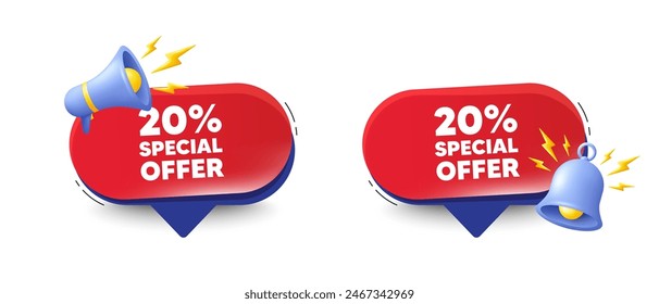 20 percent discount offer tag. Speech bubbles with 3d bell, megaphone. Sale price promo sign. Special offer symbol. Discount chat speech message. Red offer talk box. Vector