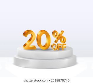 20 percent discount. Discount on creative composition. 3D golden sale symbol. Sale banner and poster. Vector illustration.