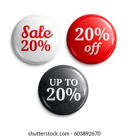 20 percent discount on glossy buttons or badges. Product promotions. Vector.