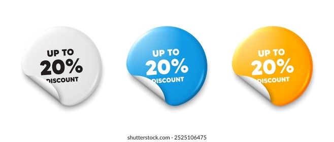 Up to 20 percent discount. Price tag sticker with offer message. Sale offer price sign. Special offer symbol. Save 20 percentages. Sticker tag banners. Discount label badge. Vector