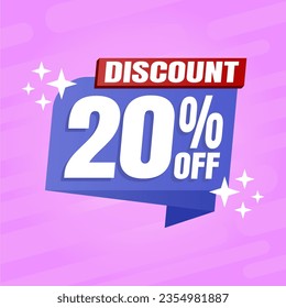 20 percent discount purple banner with blue floating balloon for offers and promotions sales.