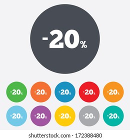 20 percent discount sign icon. Sale symbol. Special offer label. Round colourful 11 buttons. Vector