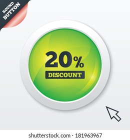 20 percent discount sign icon. Sale symbol. Special offer label. Green shiny button. Modern UI website button with mouse cursor pointer. Vector