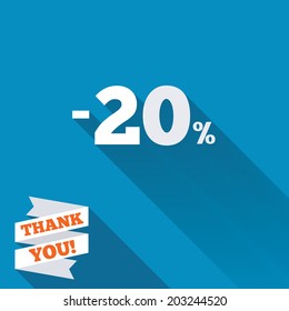 20 percent discount sign icon. Sale symbol. Special offer label. White flat icon with long shadow. Paper ribbon label with Thank you text. Vector
