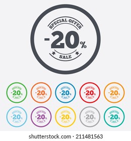 20 percent discount sign icon. Sale symbol. Special offer label. Round circle buttons with frame. Vector