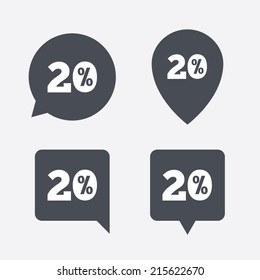 20 percent discount sign icon. Sale symbol. Special offer label. Map pointers information buttons. Speech bubbles with icons. Vector