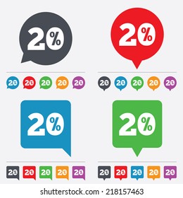 20 percent discount sign icon. Sale symbol. Special offer label. Speech bubbles information icons. 24 colored buttons. Vector