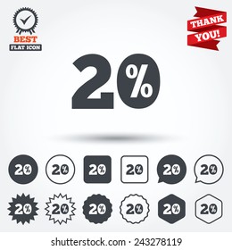 20 percent discount sign icon. Sale symbol. Special offer label. Circle, star, speech bubble and square buttons. Award medal with check mark. Thank you ribbon. Vector