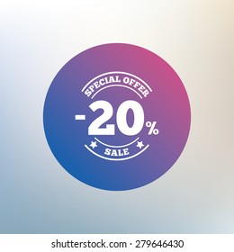 20 percent discount sign icon. Sale symbol. Special offer label. Icon on blurred background. Vector