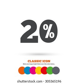 20 percent discount sign icon. Sale symbol. Special offer label. Classic flat icon. Colored circles. Vector