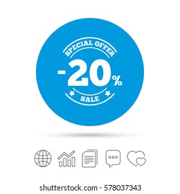 20 percent discount sign icon. Sale symbol. Special offer label. Copy files, chat speech bubble and chart web icons. Vector