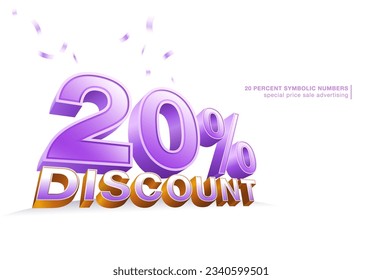 20 por ciento de número de símbolo de descuento. concepto de número 20% púrpura tridimensional Aislado sobre fondo blanco. anuncios, cupones, promociones de ventas. archivo vectorial 3d de ilustrador.