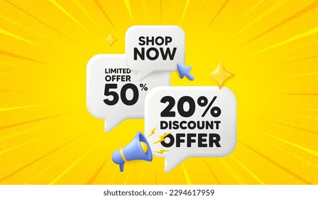 etiqueta de descuento del 20%. 3d ofrecer burbujas de charla. Señal de precio de oferta de venta. Símbolo de oferta especial. Mensaje 3d de la burbuja de habla de descuento. Banner megáfono de la caja de llamadas. Vector