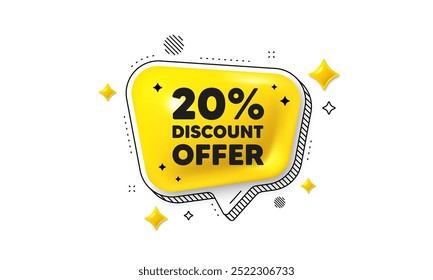 20 percent discount tag. Chat speech bubble 3d icon. Sale offer price sign. Special offer symbol. Discount chat message. Speech bubble banner with stripes. Yellow text balloon. Vector