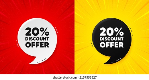 20 percent discount tag. Flash offer banner with quote. Sale offer price sign. Special offer symbol. Starburst beam banner. Discount speech bubble. Vector