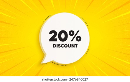 20 percent discount tag. Speech bubble sunburst banner. Sale offer price sign. Special offer symbol. Discount chat speech message. Yellow sun burst background. Vector