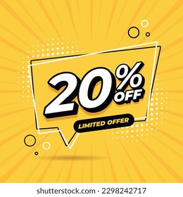 20 percent discount.
Yellow banner with floating balloon for promotions and offers.