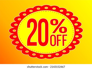 20 percent discount. 20. Yellow and red banner. Discount and offer board.