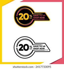 20 por ciento Oferta plana estampado, venta de despegue adhesivo. Emblema del producto de finanzas Vector Premium