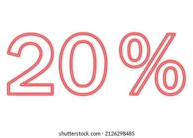 20 percent inscription isolated on white. Red line in neon style. Vector illustration