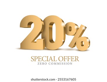 20 percent number. Eighty number in gold 3d. Poster template for discount, sale discount, work progress. Vector illustration