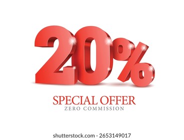 20 percent number. Eighty number in red 3d. Poster template for discount, sale discount, work progress. Vector illustration