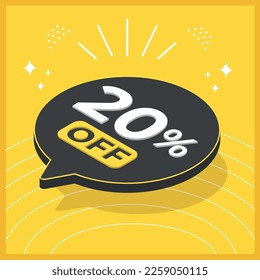 20% de descuento. Globo flotante 3D con promoción de ventas en fondo amarillo