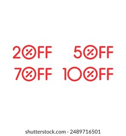 20 percent off, 50 percent off, 70 percent off, 100 percent off symbols. discount symbols set