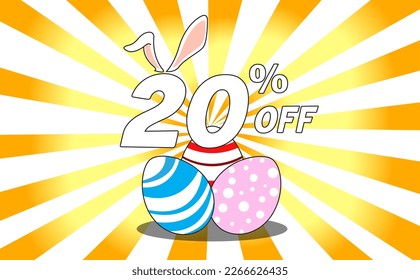 20 percent off. Banner with colorful easter eggs, bunny ears and background with yellow and orange gradient rays