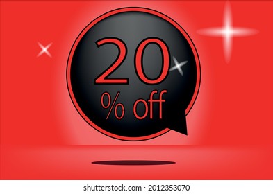 20 percent off black balloon and floating. with red background, banner 20% off red, shadow