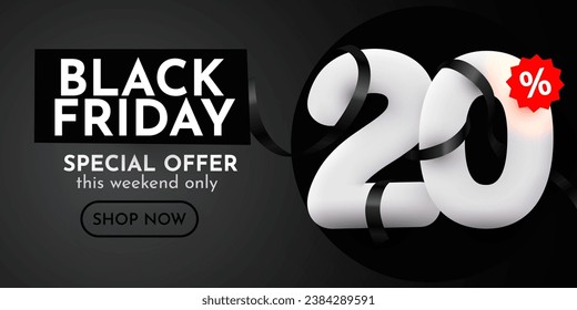 20 percent Off. Black Friday Sale composition with decorative objects, balloons, golden confetti, podium. Discount banner and poster. Vector illustration.