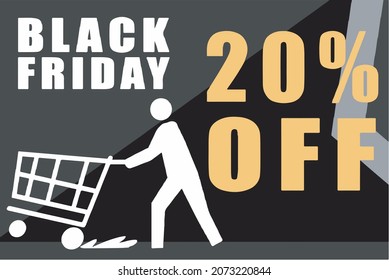 20 percent off, black and gray banner with a man with shopping cart for black friday, offers and promotions