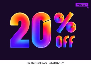 20% percent OFF cartoon vivid lettering. Realistic 3D Special Price design. Holiday Sale vector banner. Gradient emblem for Discount coupon, Buy Now promo, multicolored emblems, vibrant futuristic ad.