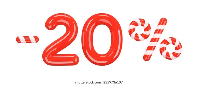 20 percent Off. Christmas Sale. Discount creative design of red and striped volumetric numbers and signs. Mega sale or ten percent bonus symbol on white. Sale banner and poster. 3d Vector illustration