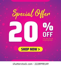 20 percent off. Design Template for Special Offer Marketing. 20% Promotional Discount. Conceptual Pink, Blue and Purple Banner Design