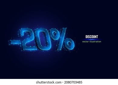 20 Prozent Rabatt auf digitale Drahteinlagen aus verbundenen Punkten. Feiertagsrabatt, Low-Poly-Vektorgrafik auf blauem Hintergrund.