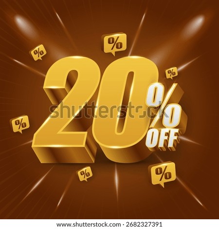 20 percent off, discount concept, or bonus. Promotional price with 3D illustration of golden numerals.