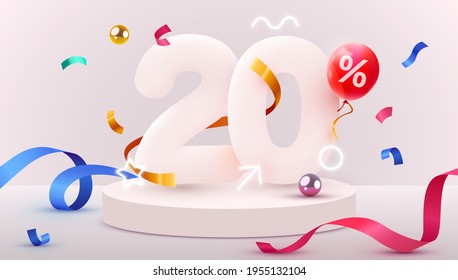 20 percent Off. Discount creative composition. 3d sale symbol with decorative objects, heart shaped balloons, golden confetti, podium and gift box. Sale banner and poster. Vector illustration.