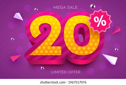 20 percent Off. Discount creative composition. 3d mega sale 20% symbol with decorative objects. Sale banner and poster. Vector illustration.