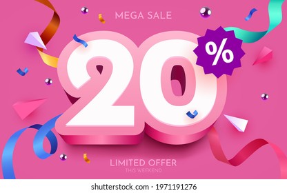 20 percent Off. Discount creative composition. 3d mega sale 20% symbol with decorative objects. Sale banner and poster. Vector illustration.