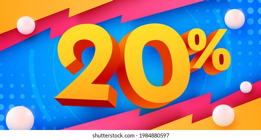 20 percent Off. Discount creative composition. 3d mega sale 20% symbol with decorative objects. Sale banner and poster. Vector illustration.