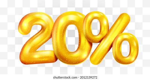 20 percent Off. Discount creative composition of golden balloons. 3d mega sale or twenty percent bonus symbol on transparent background. Sale banner and poster. Vector illustration.