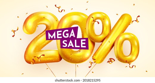 20 percent Off. Discount creative composition of golden balloons. 3d 20% mega sale or twenty percent bonus symbol with confetti. Sale banner and poster. Vector illustration.