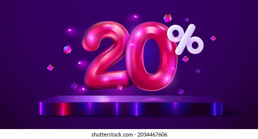 20 percent Off. Discount creative composition. Mega sale 20% neon banner. Vector illustration.