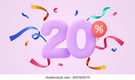 20 percent Off. Discount creative composition. 3d sale symbol with decorative confetti. Sale banner and poster. Vector illustration.