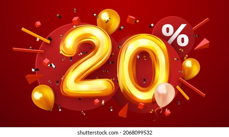 20 percent Off. Discount creative composition. 3d golden sale symbol with decorative balloons and confetti. Sale banner and poster. Vector illustration.