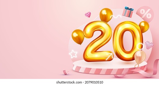 20 percent Off. Discount creative composition. Golden sale symbol with decorative objects, heart shaped balloons and gift box. Sale banner and poster. Vector illustration.
